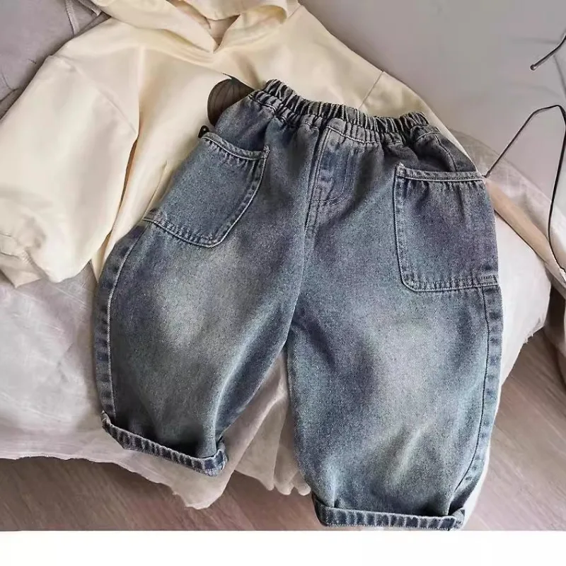 Boys Whiskered Casual Jeans, Childrens Spring Autumn New Pants, Small Medium Kids Trousers With Side Pockets for Daily Wear - 3