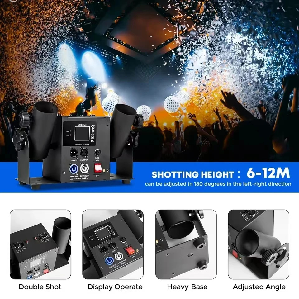 Confetti Cannon Machine DMX Remote Control 2 Holes Double-Shot Electronic Cannon
