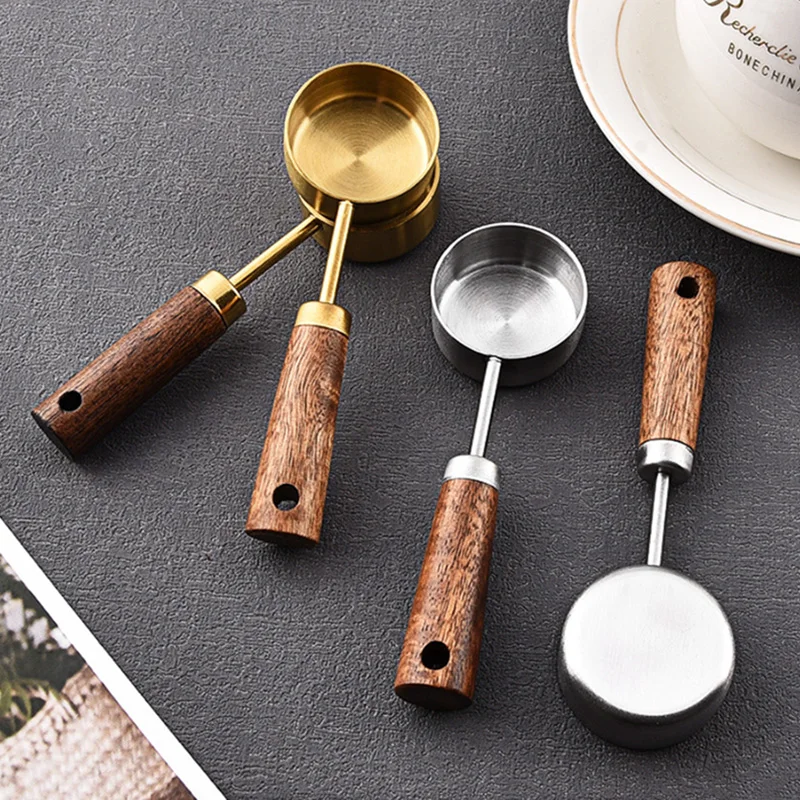 Stainless Steel Spoons 15ml Measuring Spoon Tablespoon Coffee Scoop Wood Handle Sugar Powder Coffee Bean Measure Spoon