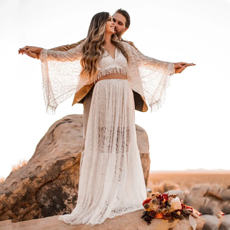 

Maternity Dresses Photography for Baby Showers Tassel Lace Dress Set Summer V-Neck Perspective Lace Gown for Pregnant Women