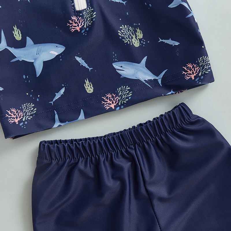 Toddler Baby Boys Swimsuit Set Summer Cute Print Zipper Short Sleeve Rash Guard and Swim Trunks and Hat Swimwear Beachwear
