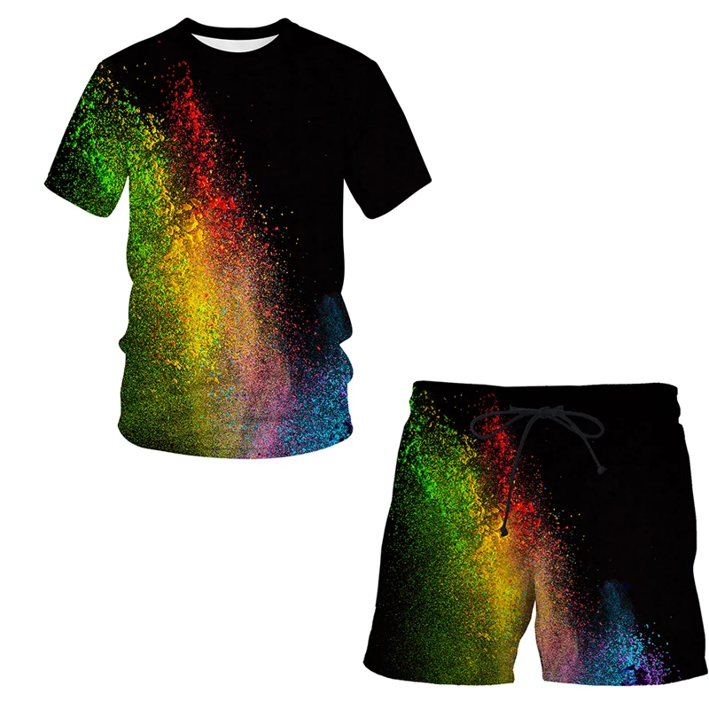 

Футболка и шорты мужские с принтом, Модный повседневный комплект с коротким рукавом, с принтом в виде крапинок, футболка и шорты с 3D принтом, спортивный костюм, лето
