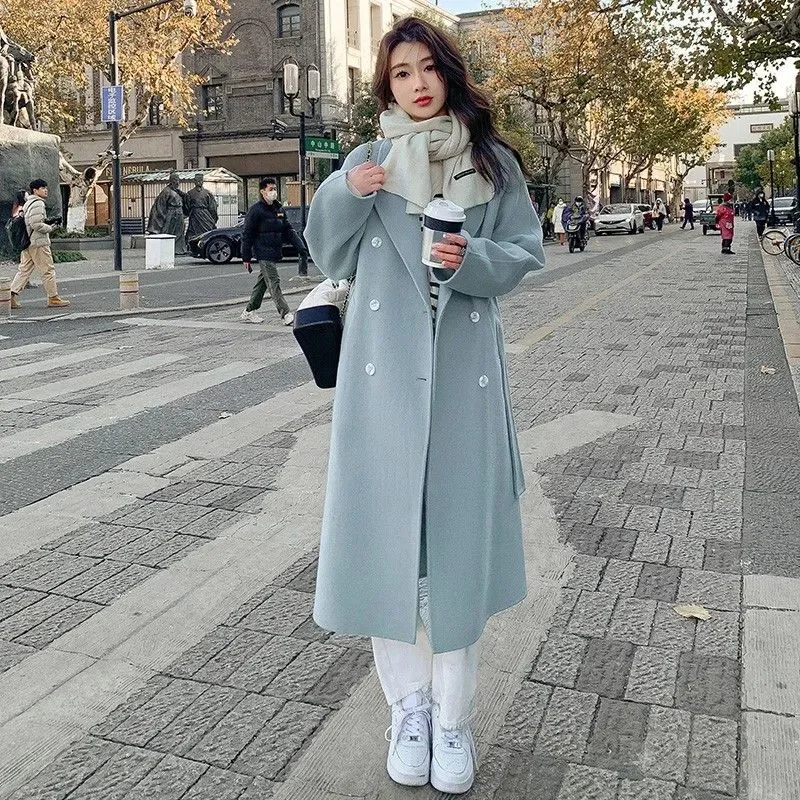 Korean Fashion Women Casual Loose Woolen Coat Elegant and Chic Solid Outerwear Long Overcoat with Belted Female Warm Cloak