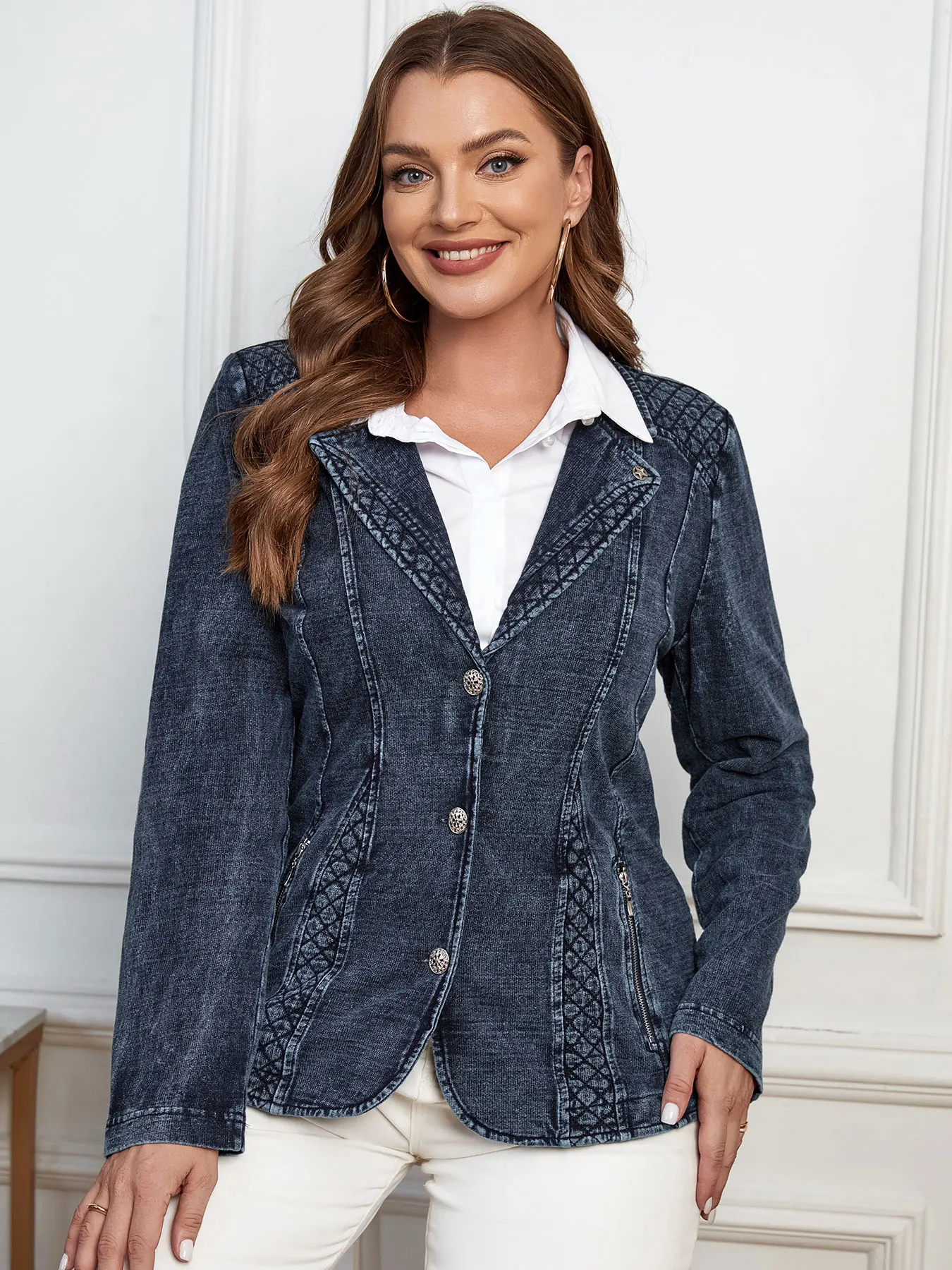 

LIH HUA Women's Plus Size Denim Suit Autumn Chic Elegant Suit For Chubby Women Knitted Cotton Suit