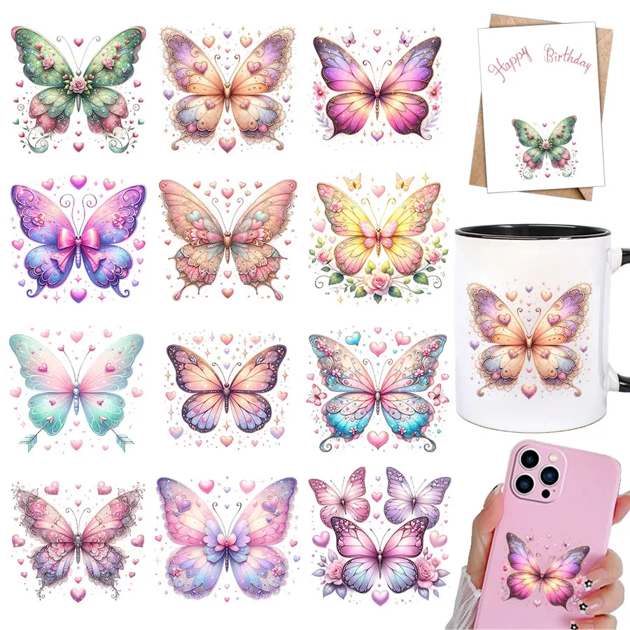 12pcs Butterflies DIY UV DTF Cup Wrap Transfer Sticker Glass Coffee Mugs Greeting Cards School Handmade Birthday Party Decor dtf transfer sticker