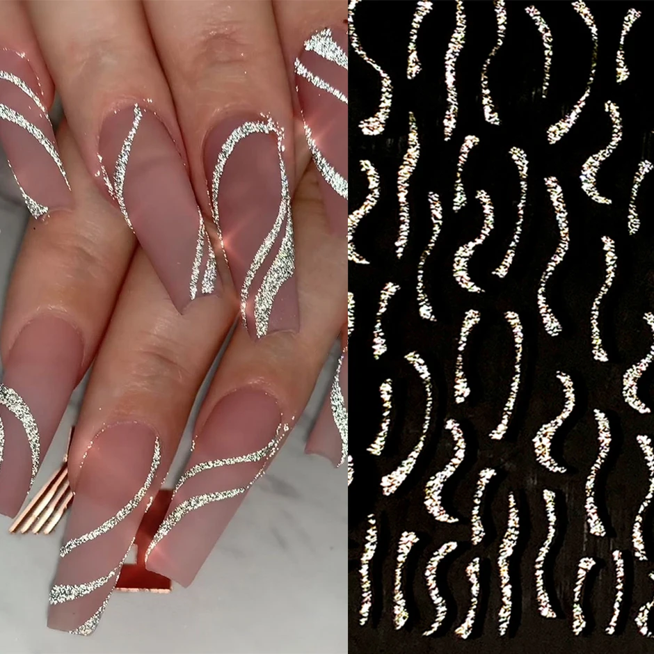 Nail Stickers Reflective Glitter French Nail Manicure Stickers Silver Swirl Strip Star Design Sparkly Wave Decor Manicure Powder Decals LYH232