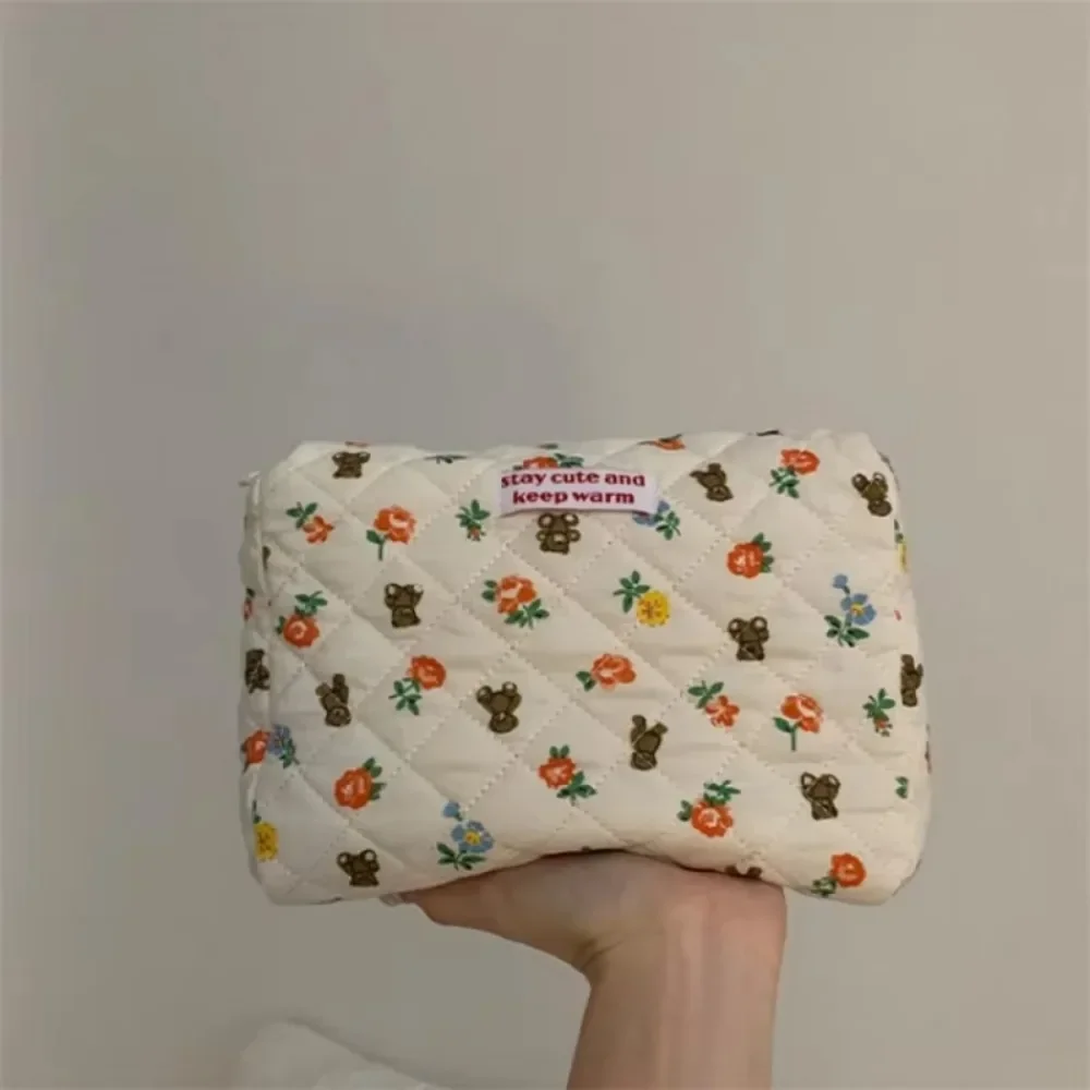 New Ins Bear Print Cosmetic Bag - Large Quilted Flower Makeup Pouch, Travel Toiletry Case with Zipper, Cute Necesser Organizer