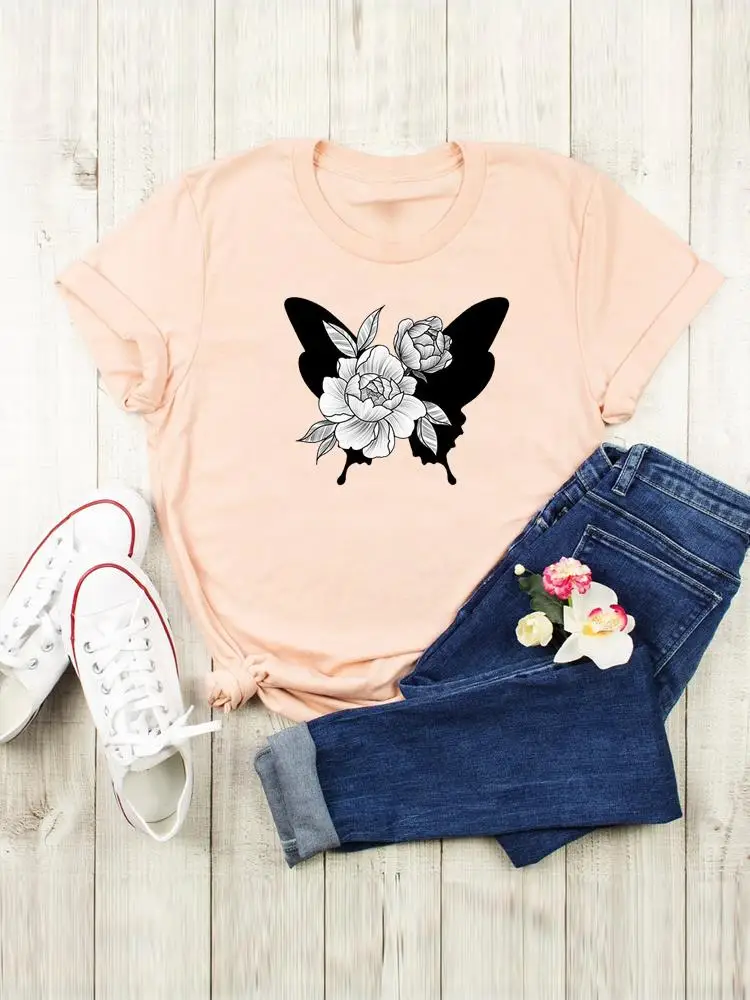 

T-shirts Women Clothing Cartoon Shirt Female Short Sleeve Fashion Floral Butterfly Cute Summer Graphic Tee Print T Top
