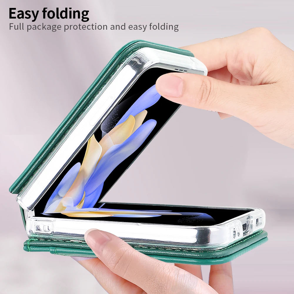 Luxury Vertical Cards Solt Leather Wallet Case for Samsung Galaxy Z Flip 6 5 4 3 5G Flip6 Flip5 Hand Strap Diamond Hinge Cover_voghion.com