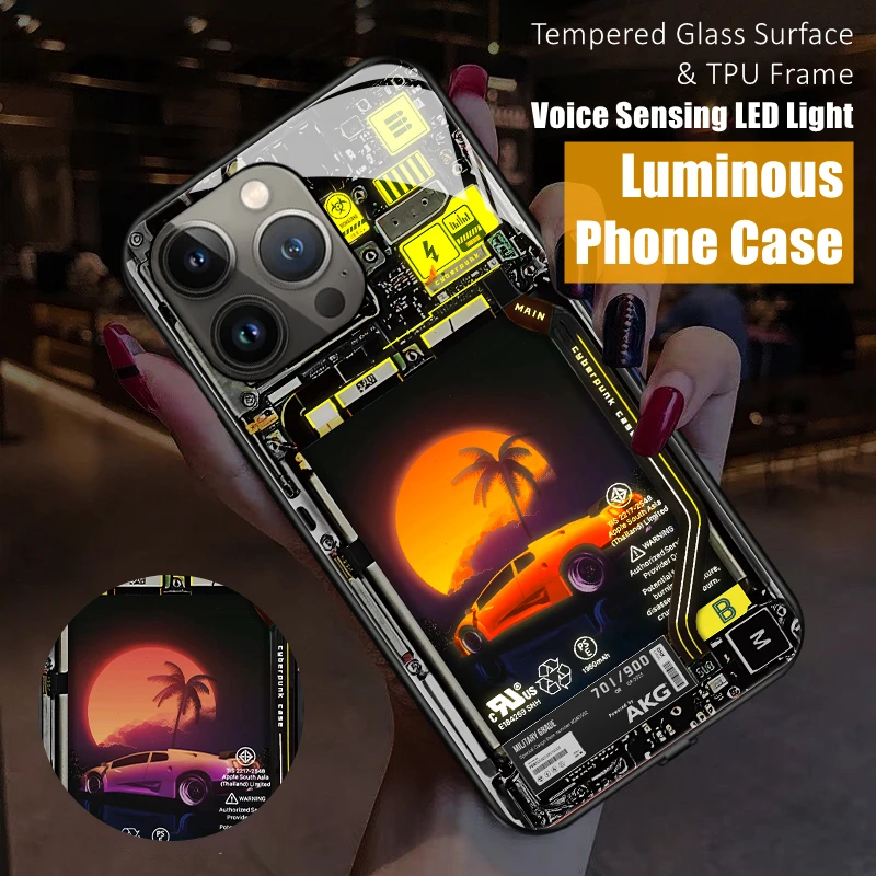 

Светящийся светодиодный чехол Cyberpunk для телефона iPhone 11 12 13 14 Pro Plus Max Samsung S21 S22 S23 Note 10 20 Plus Ultra
