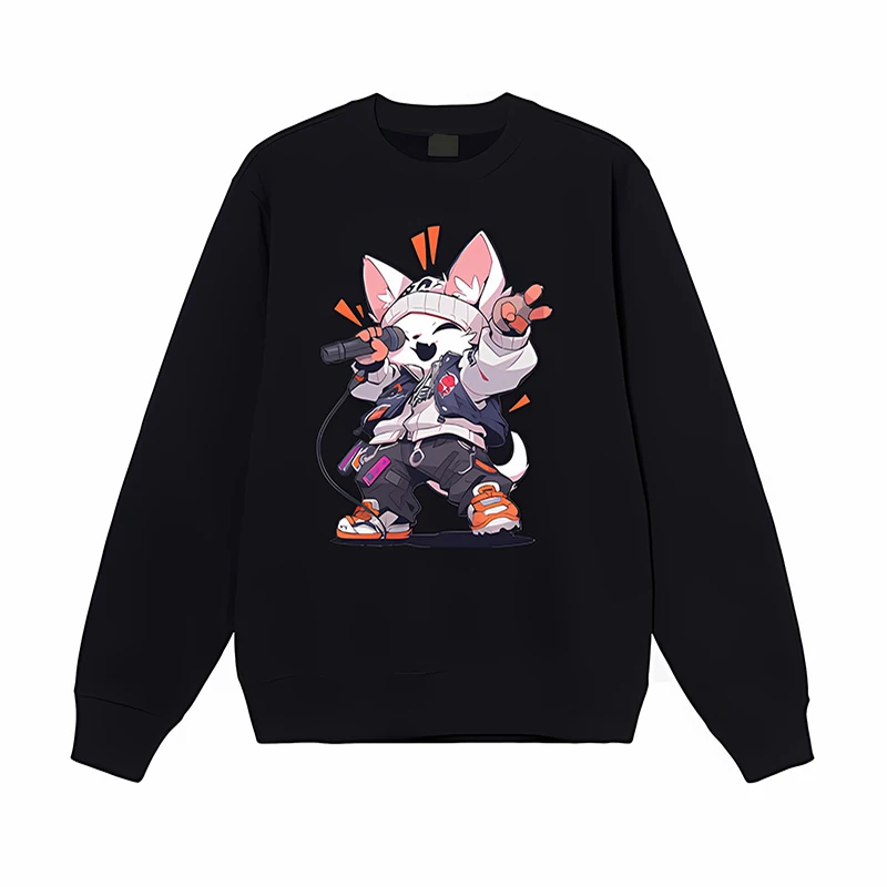 

Sweatshirt Dazzling Hiphop Cat Singer Funny Cartoon Kawaii Graphic Pure Cotton Hoodie Couple's Pet-themed Casual Tops Harajuku