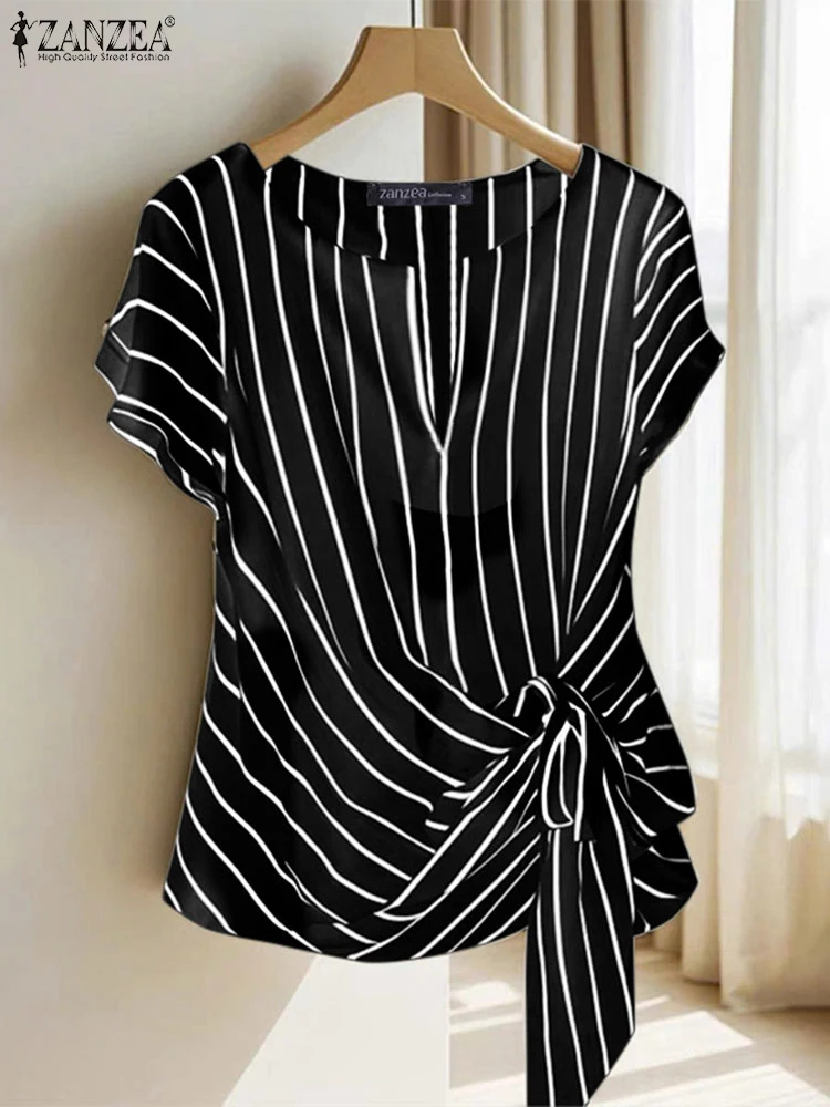 Fashion Stripe Blouse 2025 ZANZEA Summer Women V Neck Short Sleeve Tops Elegant Work OL Shirt Casual Loose Blusas Female Chemise 2