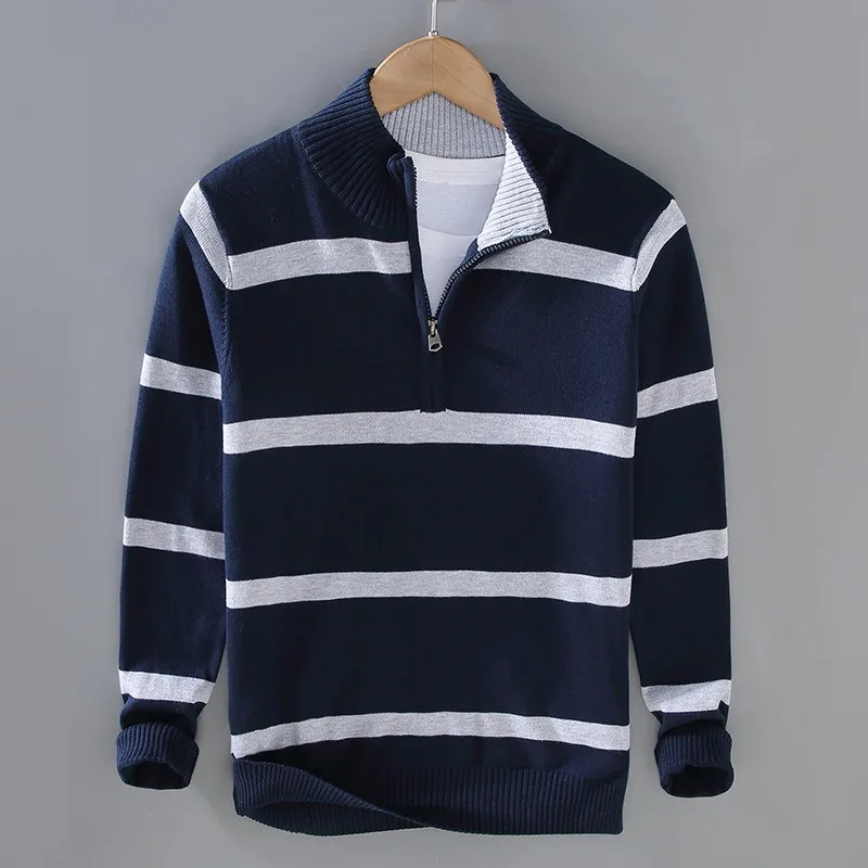 

High Quality Men's Solid Color 100% Cotton Basic Casual Zipper Stripe Sweater Jacket Spring Fashion Men's Loose Knit Open Tops