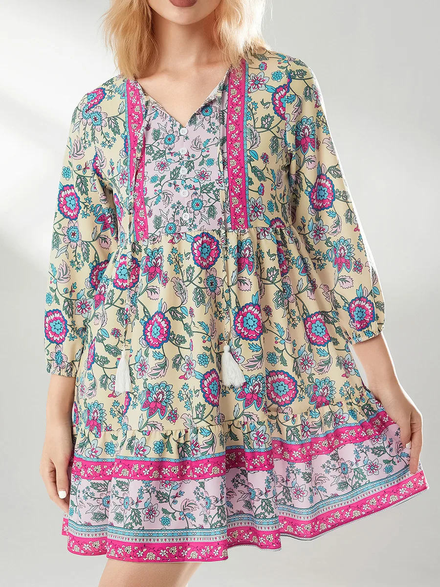 Mini Dress Women Floral Print 3/4 Lantern Sleeve V-Neck Button Placket Beach Dress For Women Bohemian Summer Beach Cover Ups 1