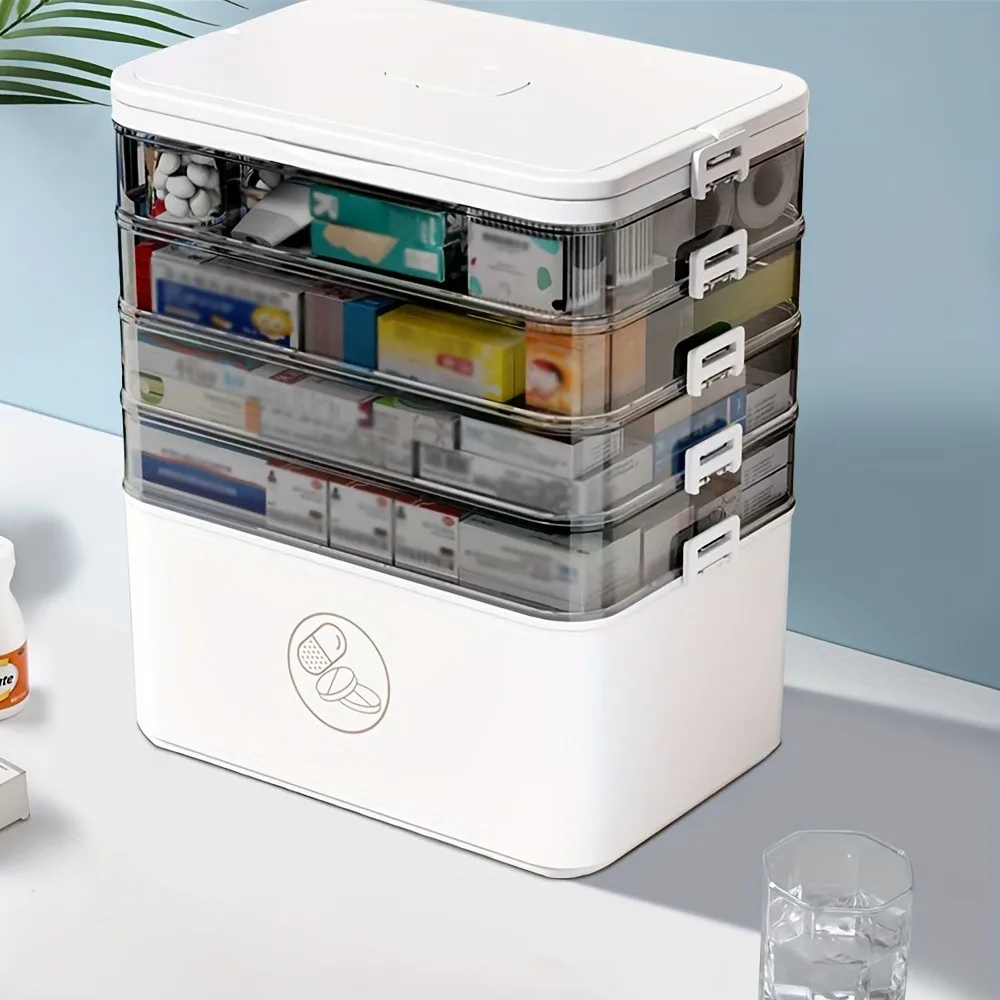 Medicine & First Aid Organizer Box,5-Layer Large Capacity with Transparent Durable Plastic Storage,Multi-Compartment Design