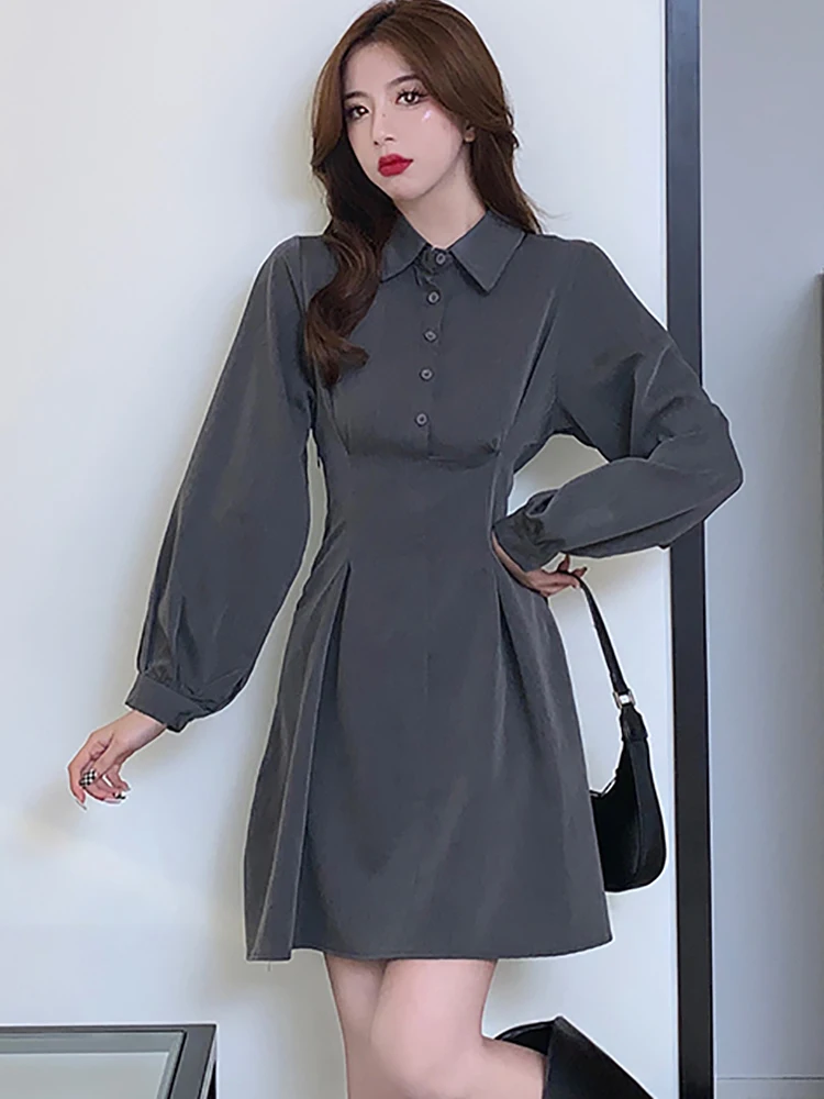 

Autumn Winter Long Sleeve High Waist A-Line Dress Women Elegant Bodycon Mini Shirt Dress 2024 Korean Vintage Hepburn Party Dress