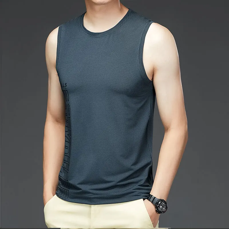 Sleeveless Vest Men Summer Tide Ice Silk Thin Round Neck Trend Fashion Outer Breathable Cool Men's Vest T-shirt