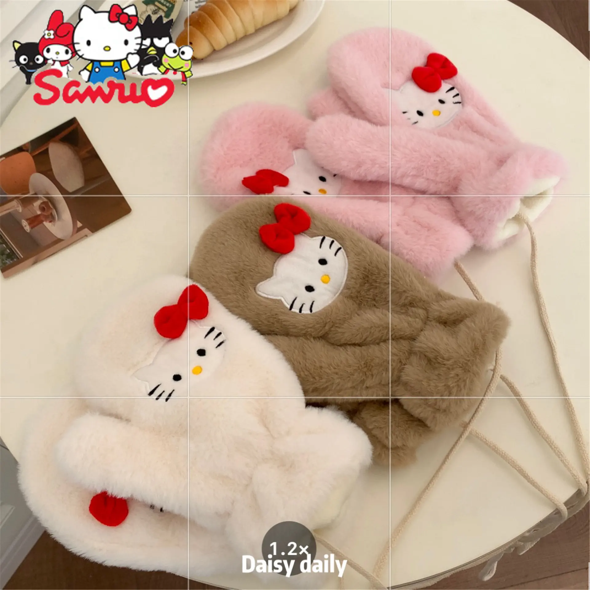 Sanrio Hello Kitty Winter Student Warm Plush Gloves & Scarf Windproof Cold Riding Cute Female College Cartoon Bib Warm Gloves new summer ice silk mask neck collar sun mask uv shading riding full face mask female