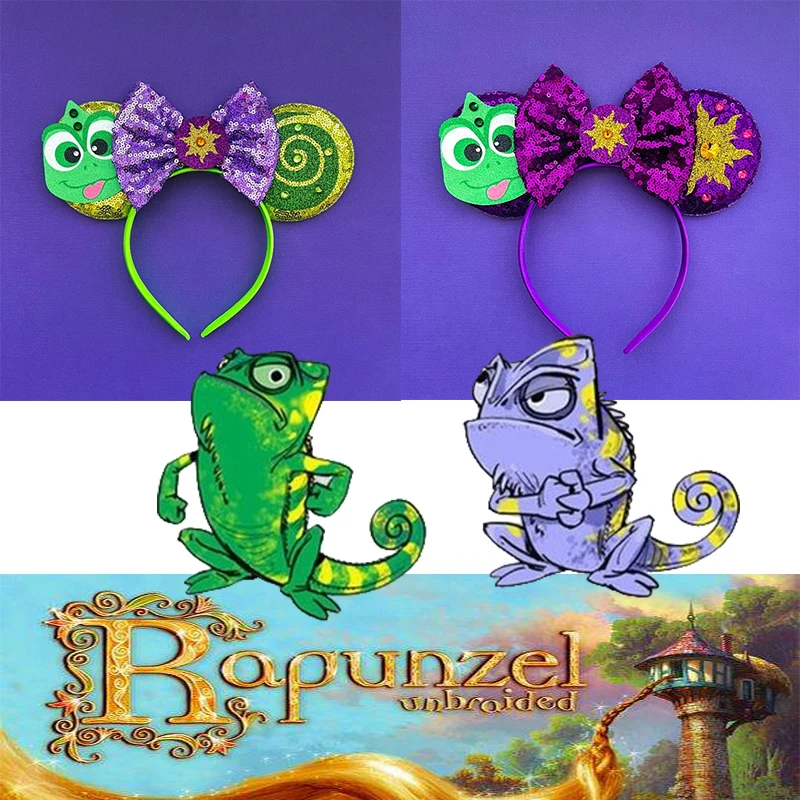 Disney Princess Hairband For Kids Rapunzel Hair Bands Girls Cosplay Chameleon Pascal Hair Accessories Women Sequins Bow Headwear