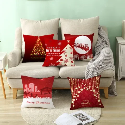 

Xmas Festival Red Printed Christmas Decorative Pillow Case Cushion Cover for Home Sofa Window Seat Throw Pillowcase 45*45cm Gift
