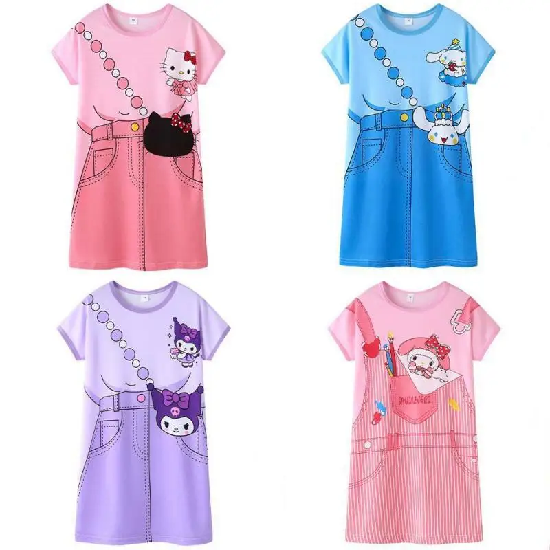 

Anime Kawaii Sanrios Hellokittys Cinnamoroll My Melody Kuromi Kids Nightdress Homewear Cute Baby Girl Short Sleeve Dress Pijamas