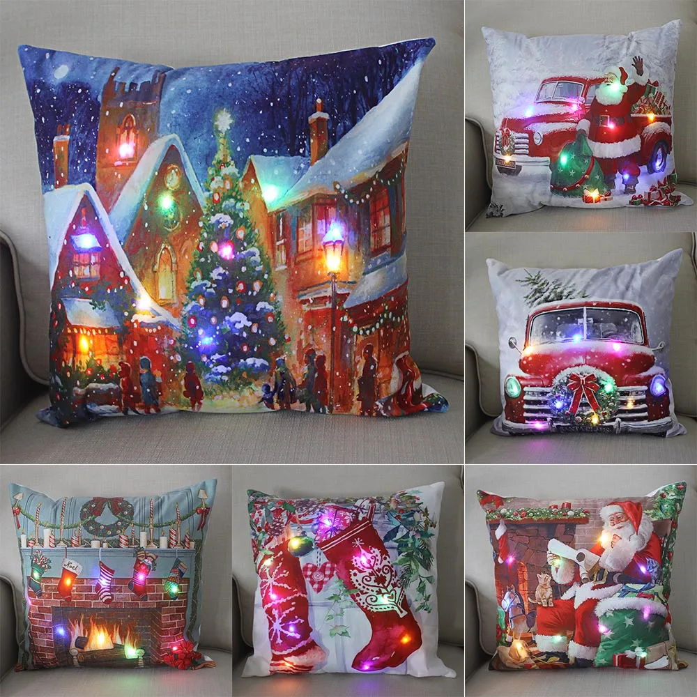 

LED Light Santa Claus Elk Snowflake Christmas Lantern Glow Pillow Case Winter Holiday Decoration Throw