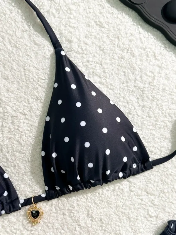 Sexy Bikini Set Black White Polka Dot 2 Piece Swimsuit for