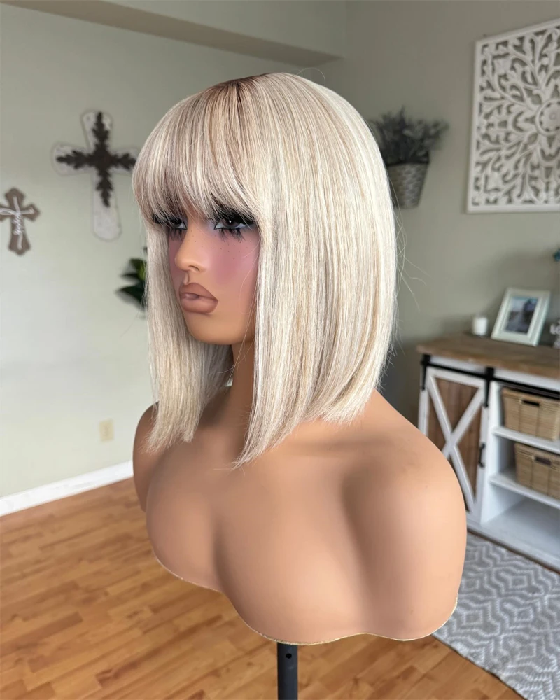 Synthetic Human Hair Wig Futura Short Bob Wig Ombre Blonde Highlights Ash Colored Lace Frontal Wig synthetic Mixed with 5% Human Hair Short Women
