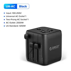 Universal Travel Adapter with 20W GaN Fast Charging and Dual USB Ports - Universal Plug (1 - UA - AC - BK)