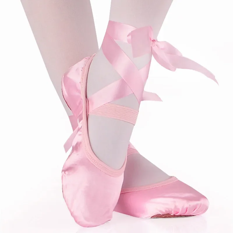 Satin Ballet Shoes with Ribbon Straps Round Toe Indoor Yoga Shoes Adult Girls Soft Split Sole Satin Dance Ballerina Shoes 5