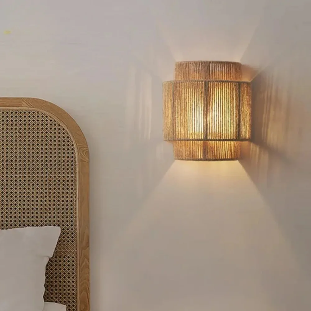 Modern Wall Light Natural Wall Sconce Hemp Rope Hand-Woven Square Rustic Farmhouse E27 Kitchen Island Restaurant Living Room