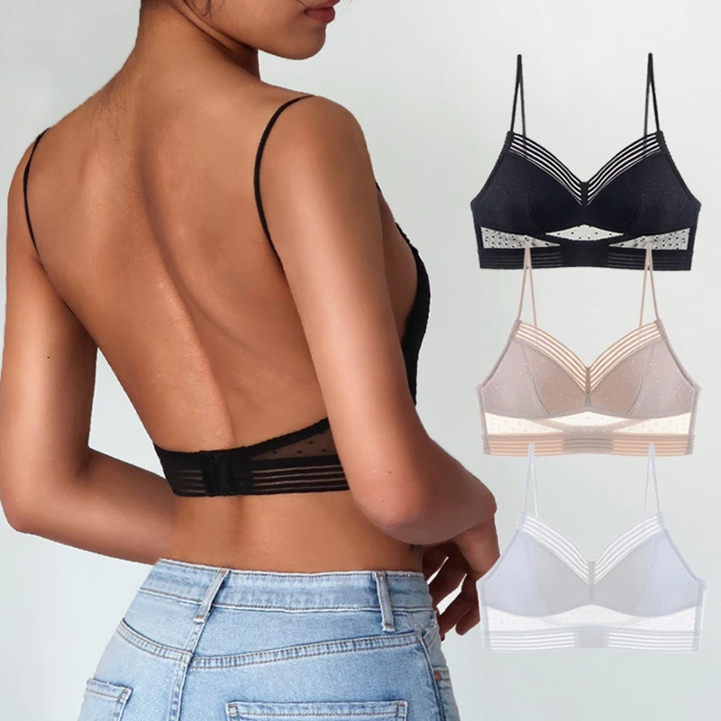Ladies Mesh Polka Dot Non-wired Underwear Backless Bralette Lace Bra Triangular Lingerie Deep U Soft Breathable Seamless