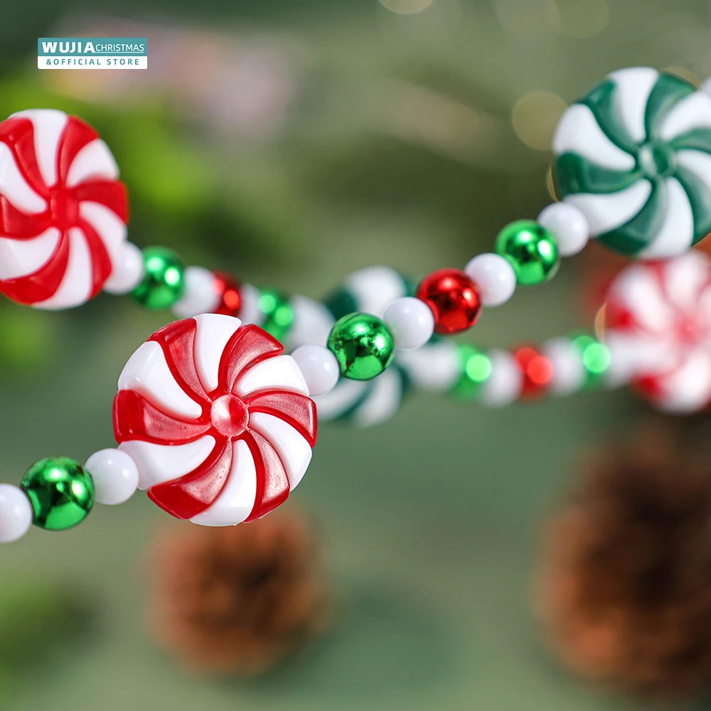 2.4M Christmas Candy Garland Peppermint Acrylic Bead String New Year Hanging Xmas Tree for Fireplace Wreath DIY Party Home Decor