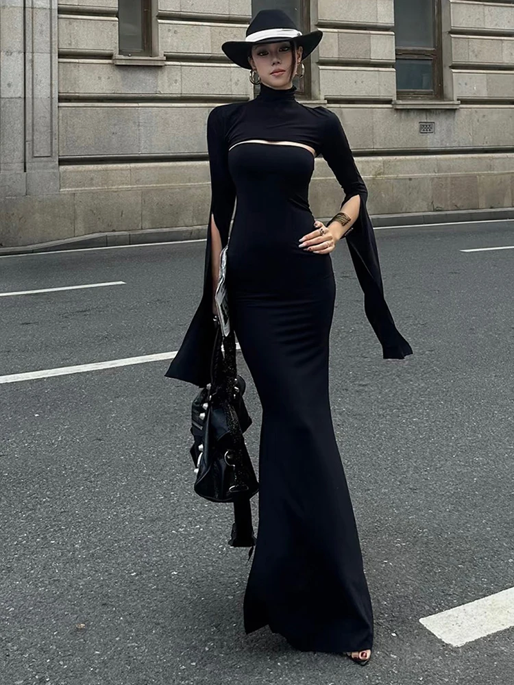 Nibber Fashion Chic 2-Piece Set Women Strapless Split Maxi Dress+Super Short Half-Sleeve Turtleneck Top Matching Elegant Outfits