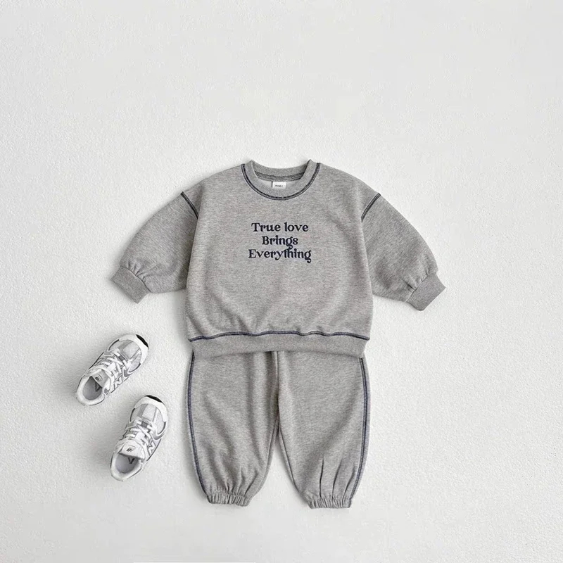Spring Autumn Kids Clothes Girls Set Korean Fashion Letter Embroidery Hoodies Sweatshirts+Sweat Pants Children Boys Clothing Set 5