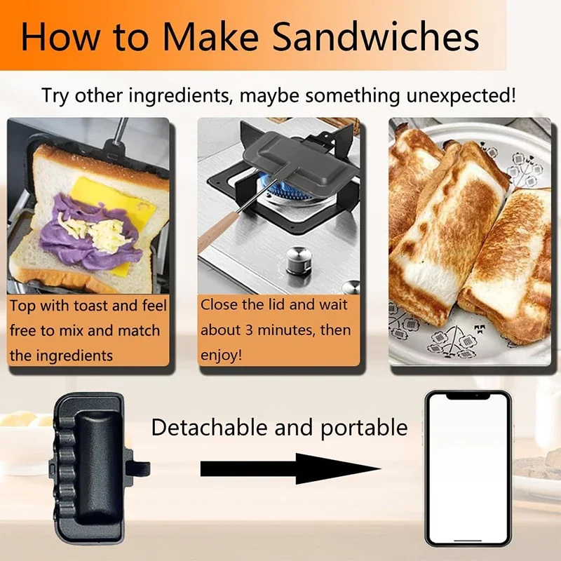 Hot Sandwich Maker, Double Sided Sandwich Roll Sealed Grill Pan, Non-Stick Hot Dog Toaster - Portable with Removable Handle 5
