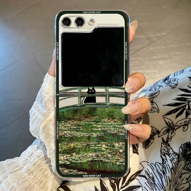 Aesthetic Black Cat Art Van Gogh Folding Phone Case, Clear Cover