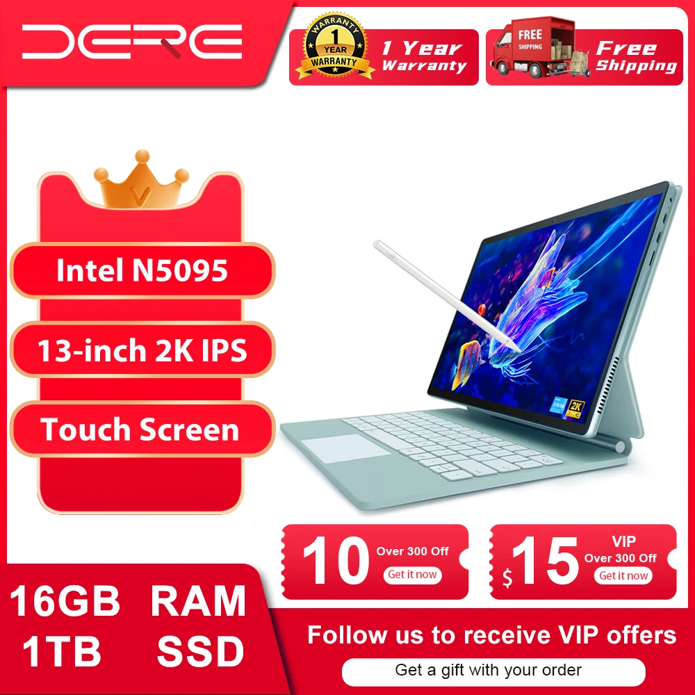 DERE laptop T30 Pro, laptop 13 inci 2K IPS layar sentuh, RAM 16GB + SSD ...