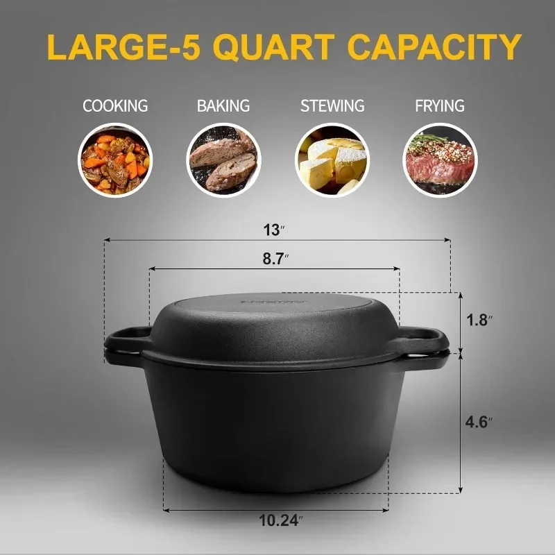 Cast Iron Dutch Oven Pot with Skillet Lid Cooking Pan Cast Iron Skillet Cookware Pan Set with Dual Handles Indoor Outdoor cast iron dutch oven