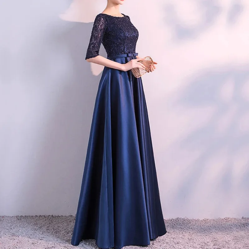 NEW 2024 LONG FORMAL EVENING DRESSES ELEGANT LACE SATIN NAVY BLUE VESTIDOS WOMEN PARTY GOWN vestido de festa Banquet
