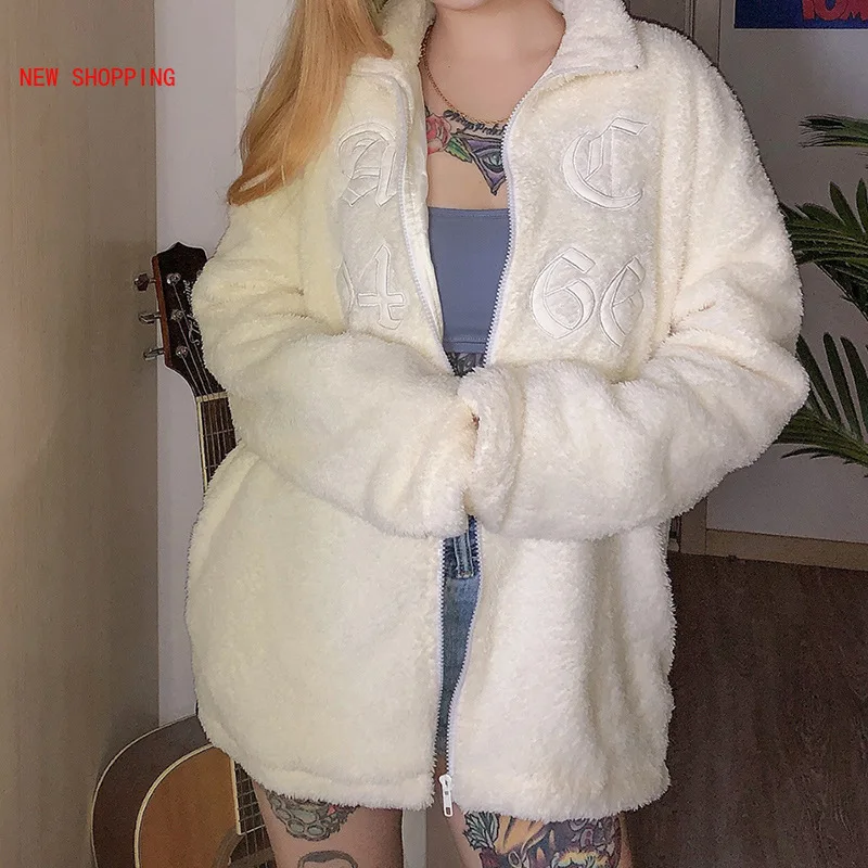 White Fleece Warm Coat Autumn Harajuku Embroidery Letters Coats Fashion Zipper Loose Streetwear Warm Stand Collar Jacket Women