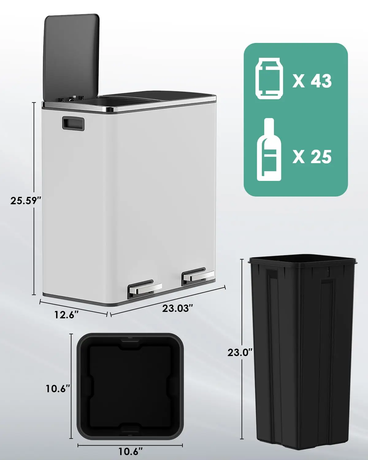 60L(16 Gal) Dual Trash Can, Stainless Steel Kitchen Garbage Can, Double Compartment Classified Rubbish Bin