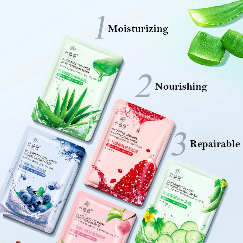 12-Pack Fresh Fruit Moisturizing Facial Mask Sheets - Blueberry, Aloe, Cucumber & Peach Essence