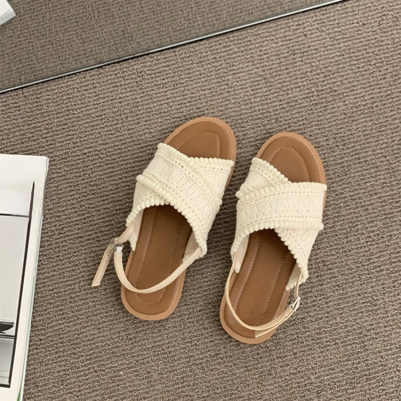 

2023 New Fashion Cross Weave Narrow Strap Sandals Square Toe Flat Slippers Retro Cutout Gladiator Summer Sandals Casual Shoes