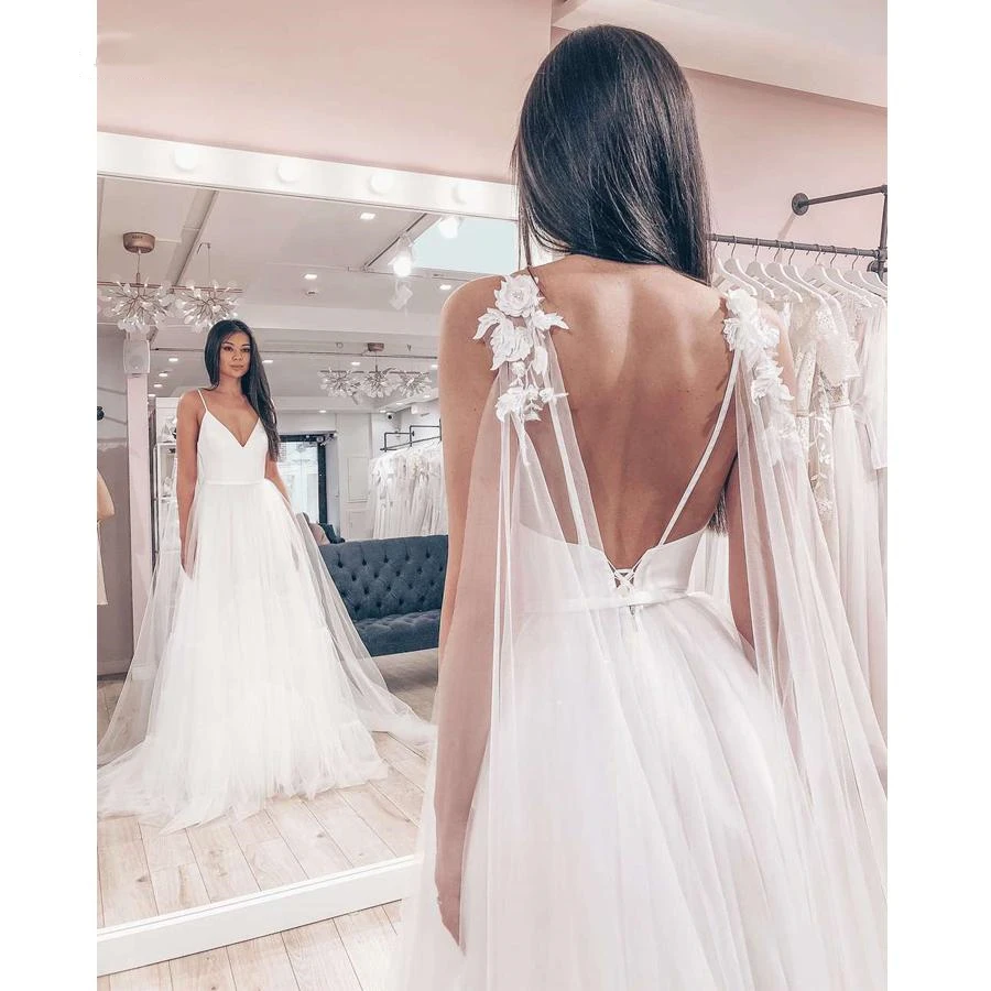 

Sexy Spaghetti Straps Tulle Skirt Top Satin Vestido De Novia Sleeveless V-neck Boho Backless 2020 Wedding Dress Bride Dress