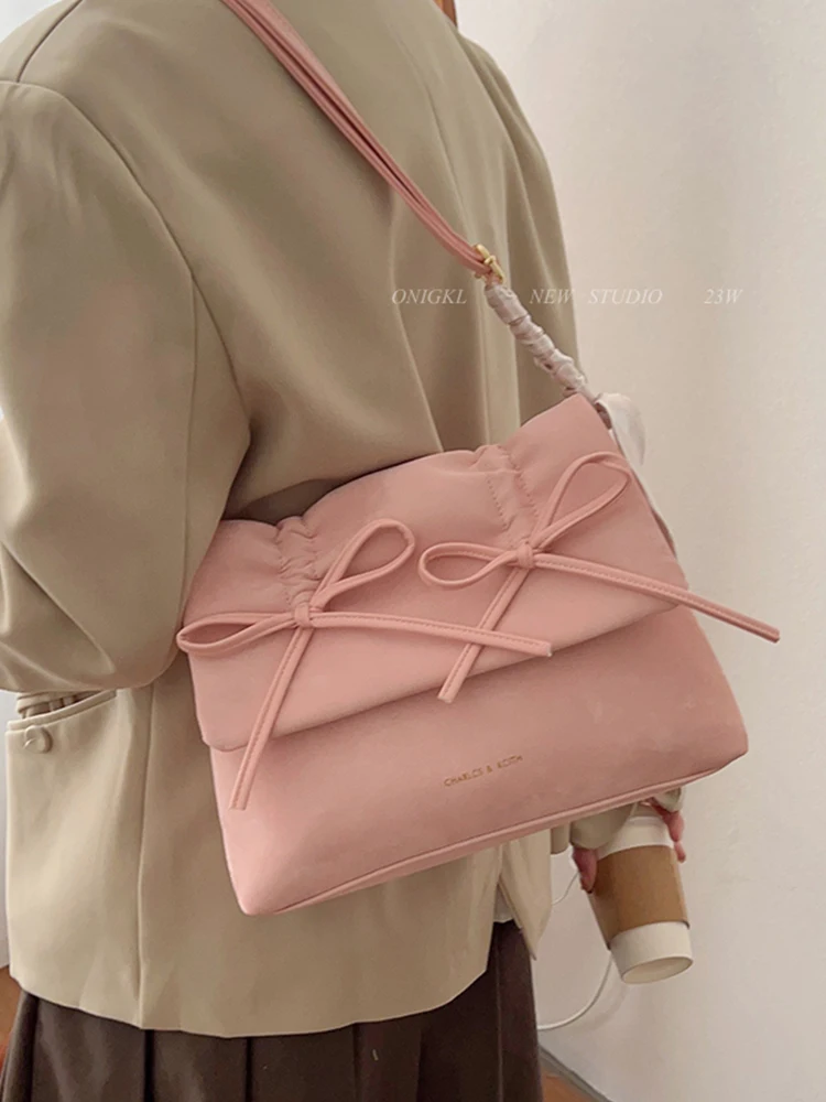 Sweet Bow Pink Bag For Women New Trendy Female Square One Shoulder Crossbody Bags Large Capacity Commuting Student Tote Package