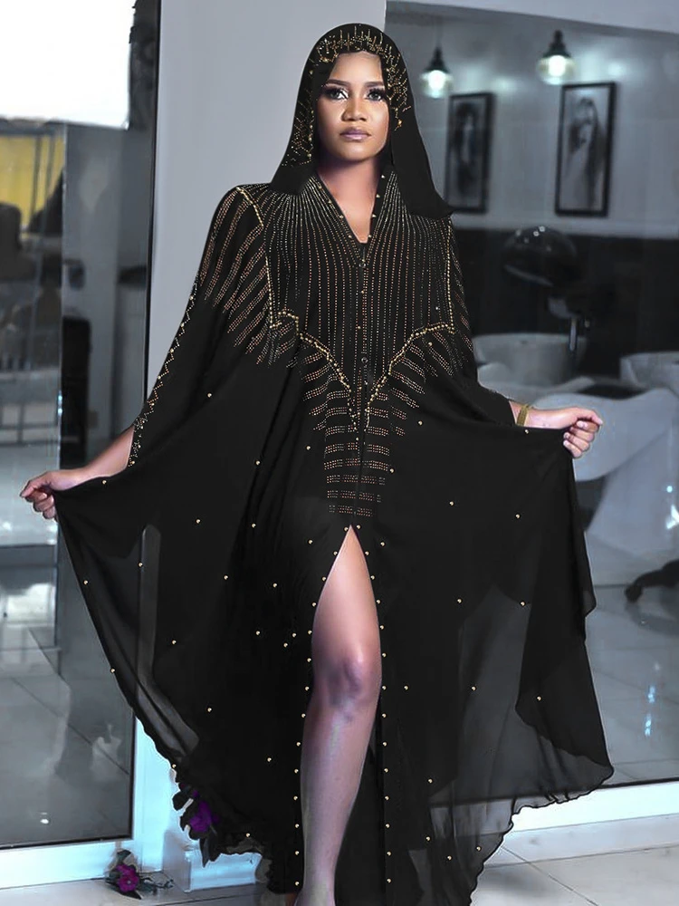 african style clothing Muslim Dress Kaftan Abaya Women Kimono Dubai Open Abayas Turkish Stones Chiffon Hooded Dress Elegant African Plus Size 2022 african dress style