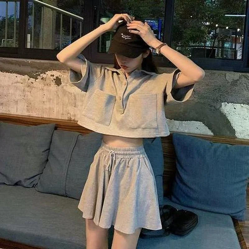 Casual Sports Short-sleeved Suit Women's Summer Tshirts New Loose Polo Shirt Wide-leg Shorts Two-piece Set Korean Sports Hakama