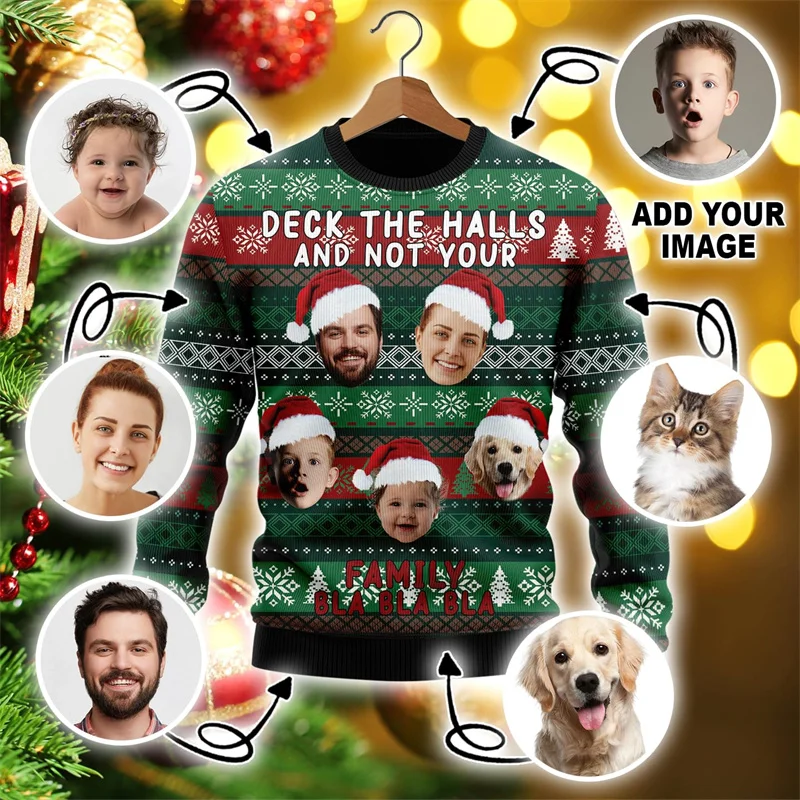 thumbnail image 4 of Suéter navideño feo con foto personalizada y estampado 3D divertido para mujer, ropa para personalizar la cara, sudadera con imagen de bricolaje, regalo, tops, 4 of 5
