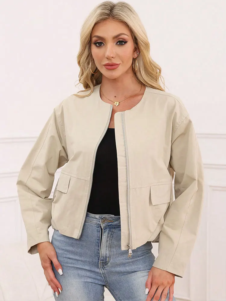 HH Spring Women Casual Solid Baseball Uniform Bomber Jackets O Neck Long Sleeve Zipper Coat Autumn Woman Commuting Outwear